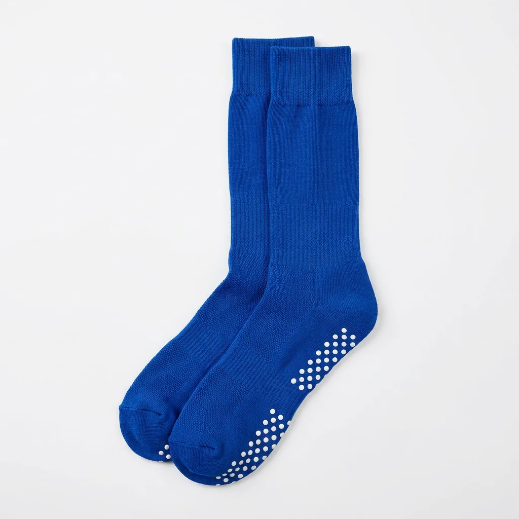 Stokin Bola Sepak Tidak Licin Tersuai Royal Blue Anti Skid Grip Sarung Kaki Bola Sepak Dengan Titik Cengkaman Putih Logo Pasukan OEM Sarung Kaki Atletik Pertengahan Anak Lembu