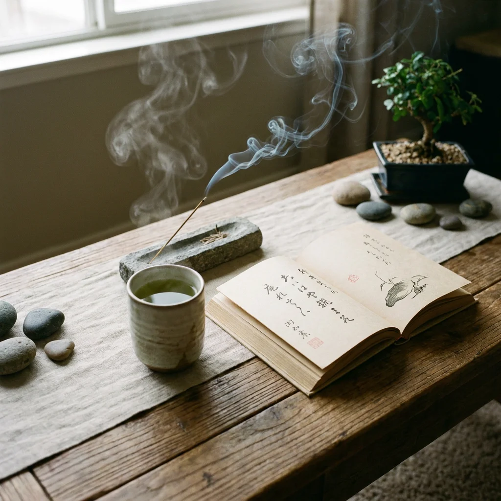 Rituel zen avec thé, livre ouvert et porte-encens fumant sur une table en bois