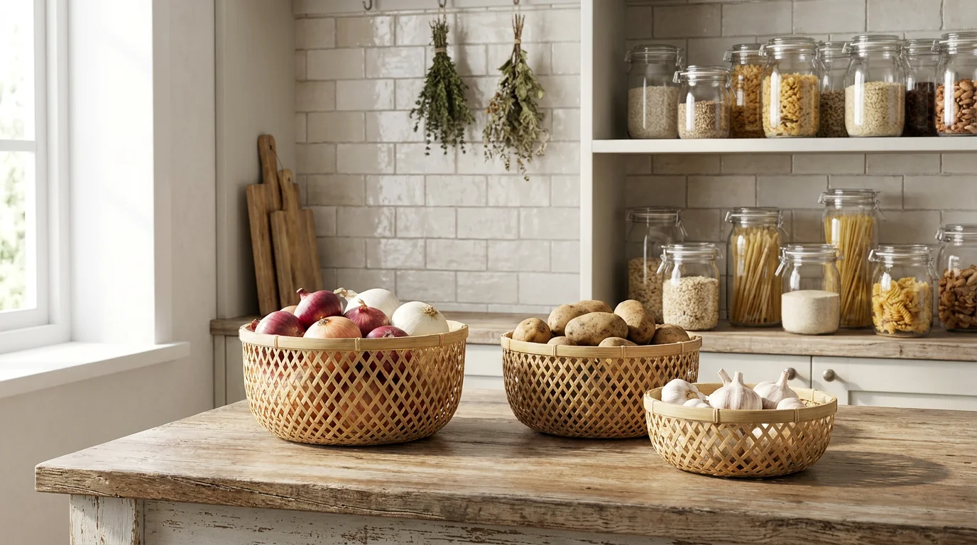 An organized rustic-modern pantry with breathable handwoven bamboo baskets filled with onions and potatoes