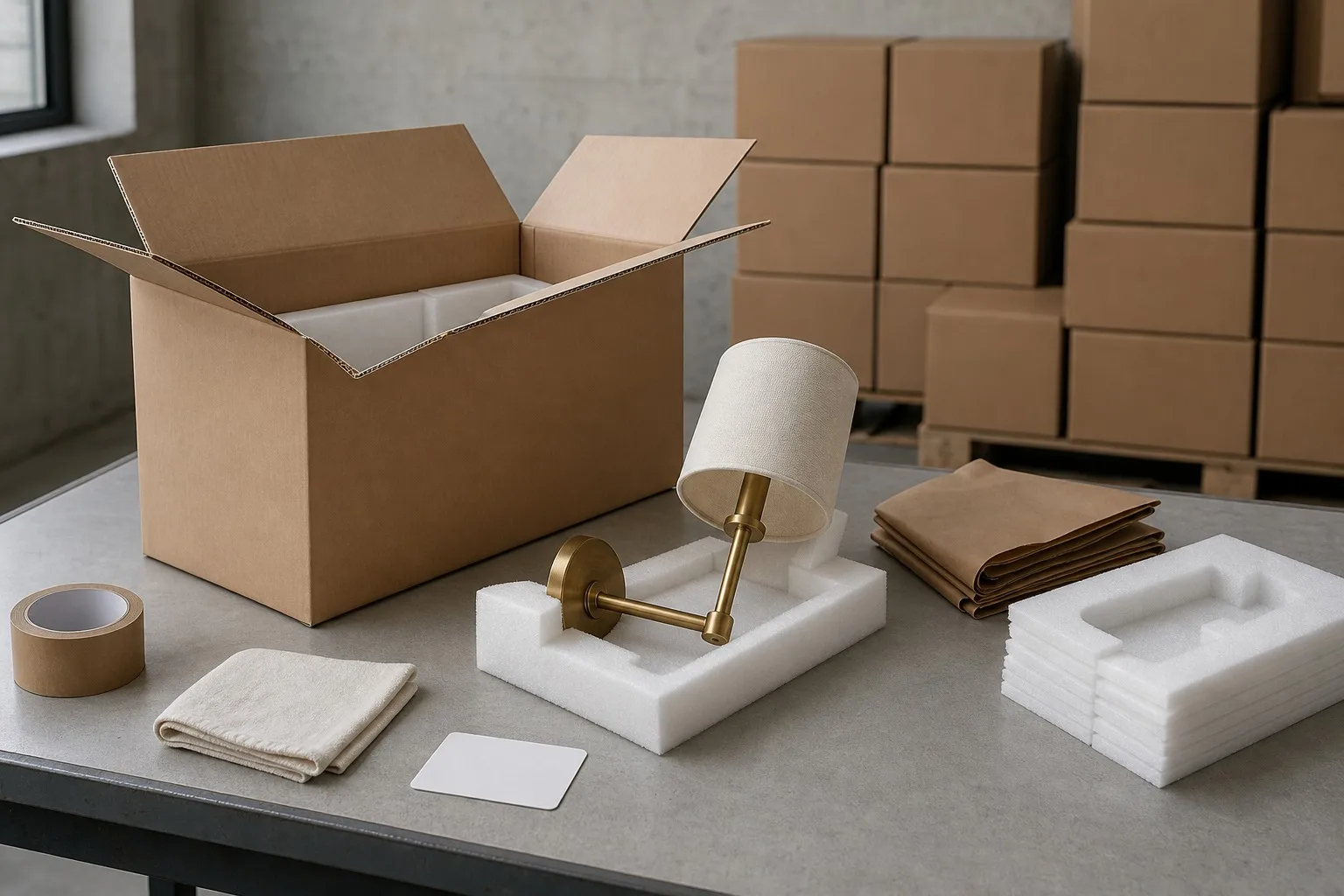 Hospitality wall sconce in a foam cradle beside its open carton