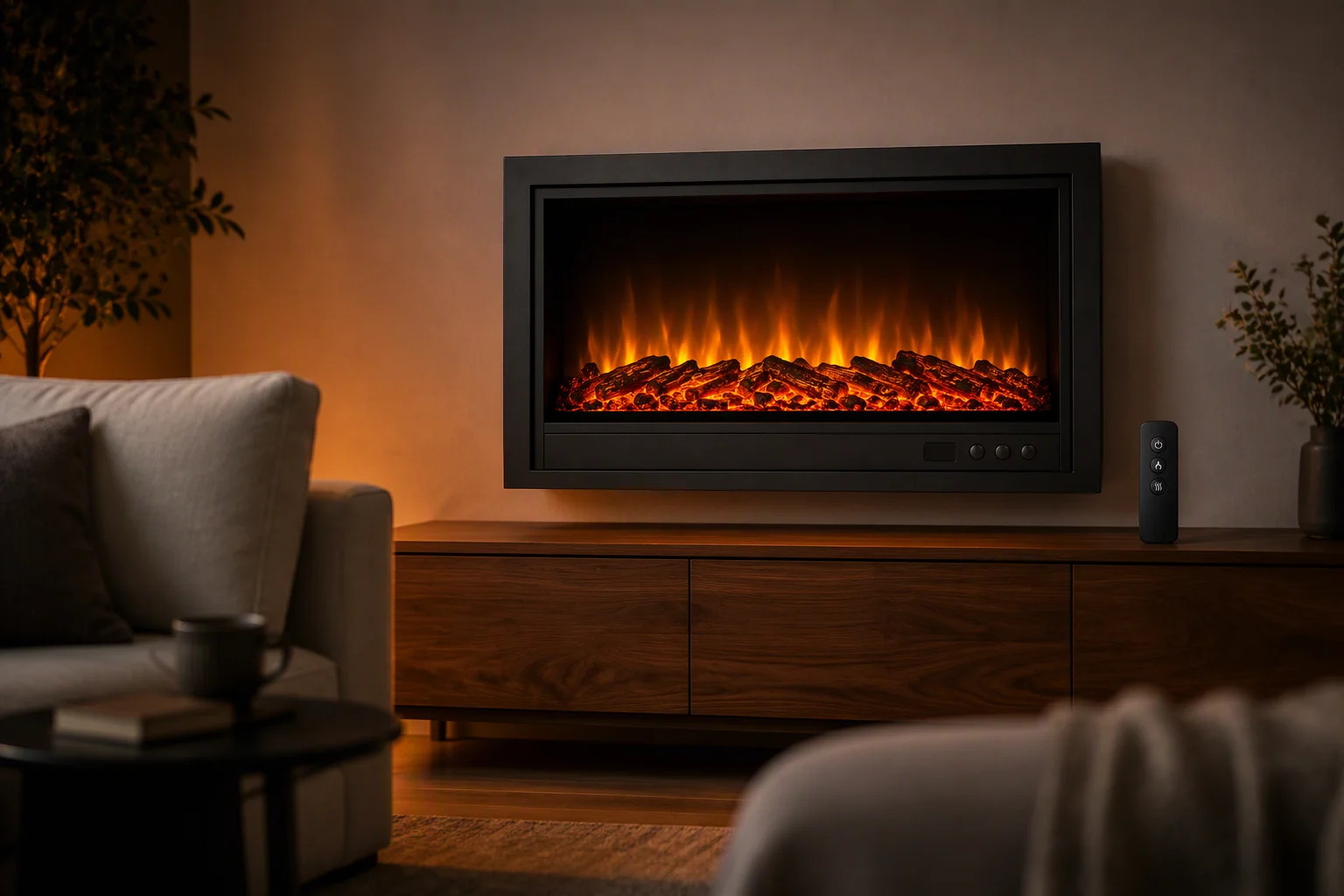 Electric fireplace wall-mounted in a cozy evening living room
