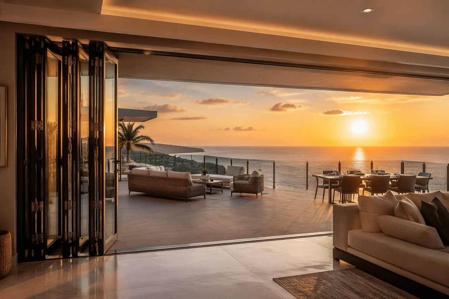 Aluminium Bi-Fold Folding Door System Folded Open Villa Terrace Sunset Richocean Foshan Folding Doors Manufacturer China Foshan Factory Price Multi-Point Security Heavy Leaf Track