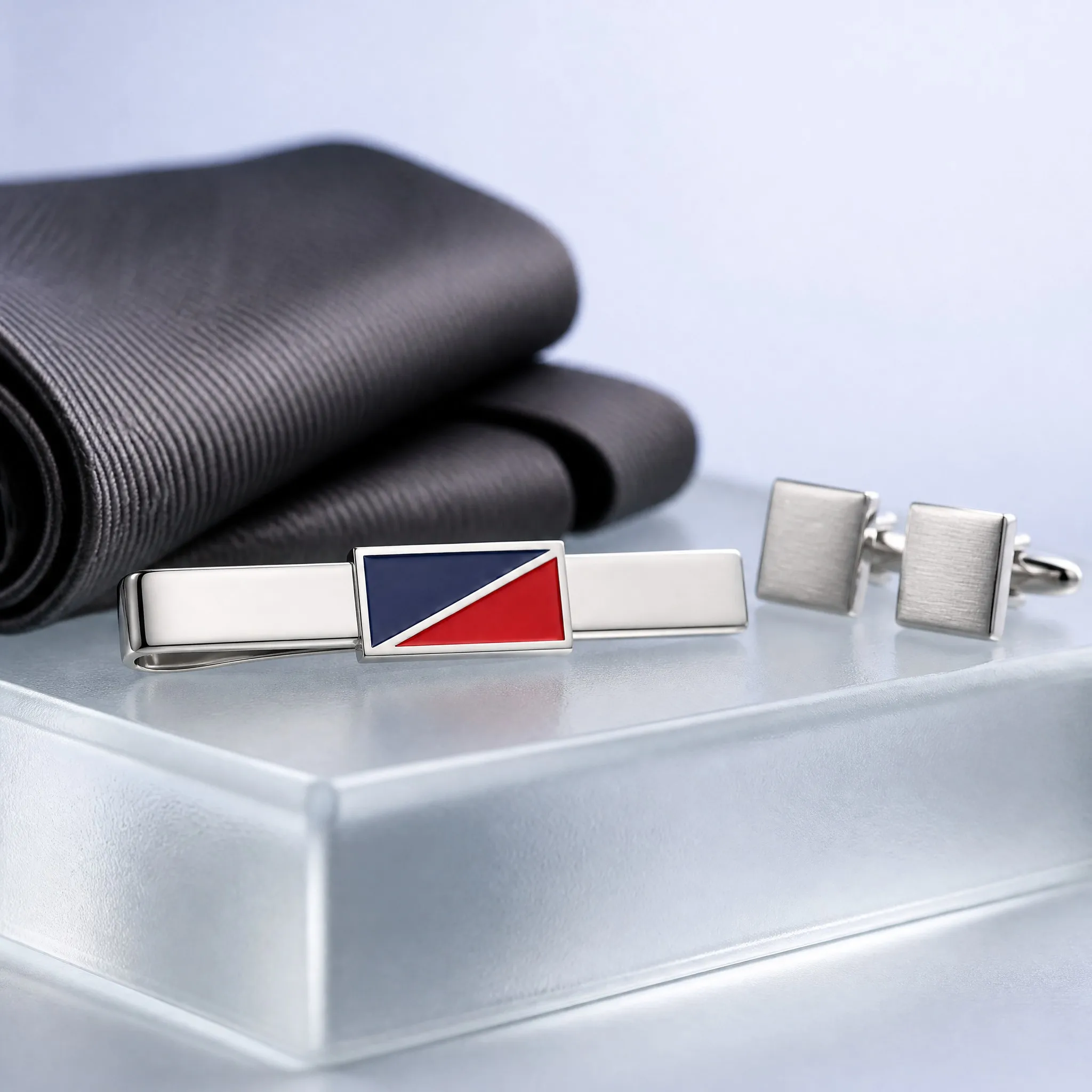 Soft enamel tie clip gift scene with tie and cufflinks