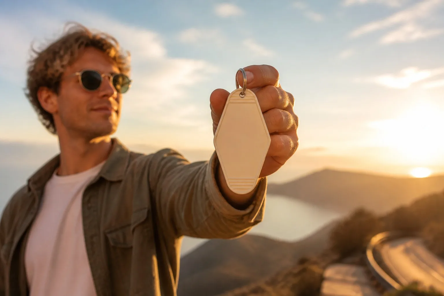 Aspirational closing hero — blank key tag travel campaign