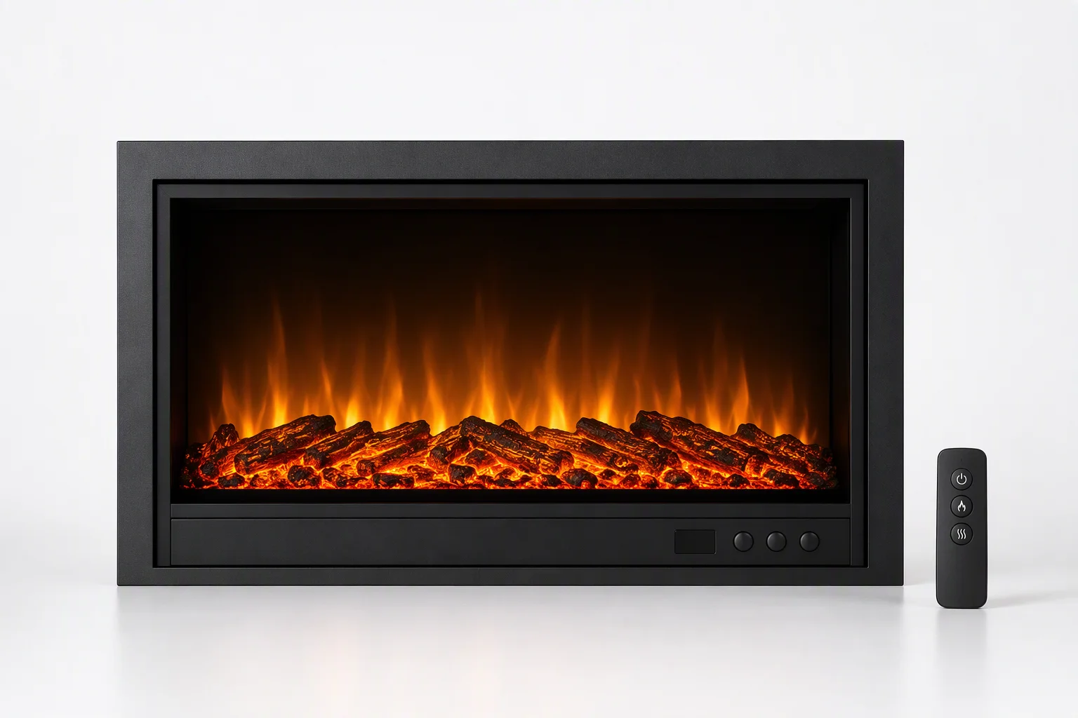 Electric fireplace with ember LED bed, flame glow, front display and button control strip with remote