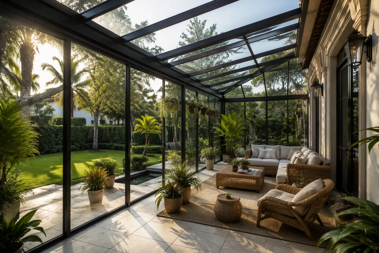Luxury modern glass sunroom with aluminum framing tropical plants rattan furniture garden view