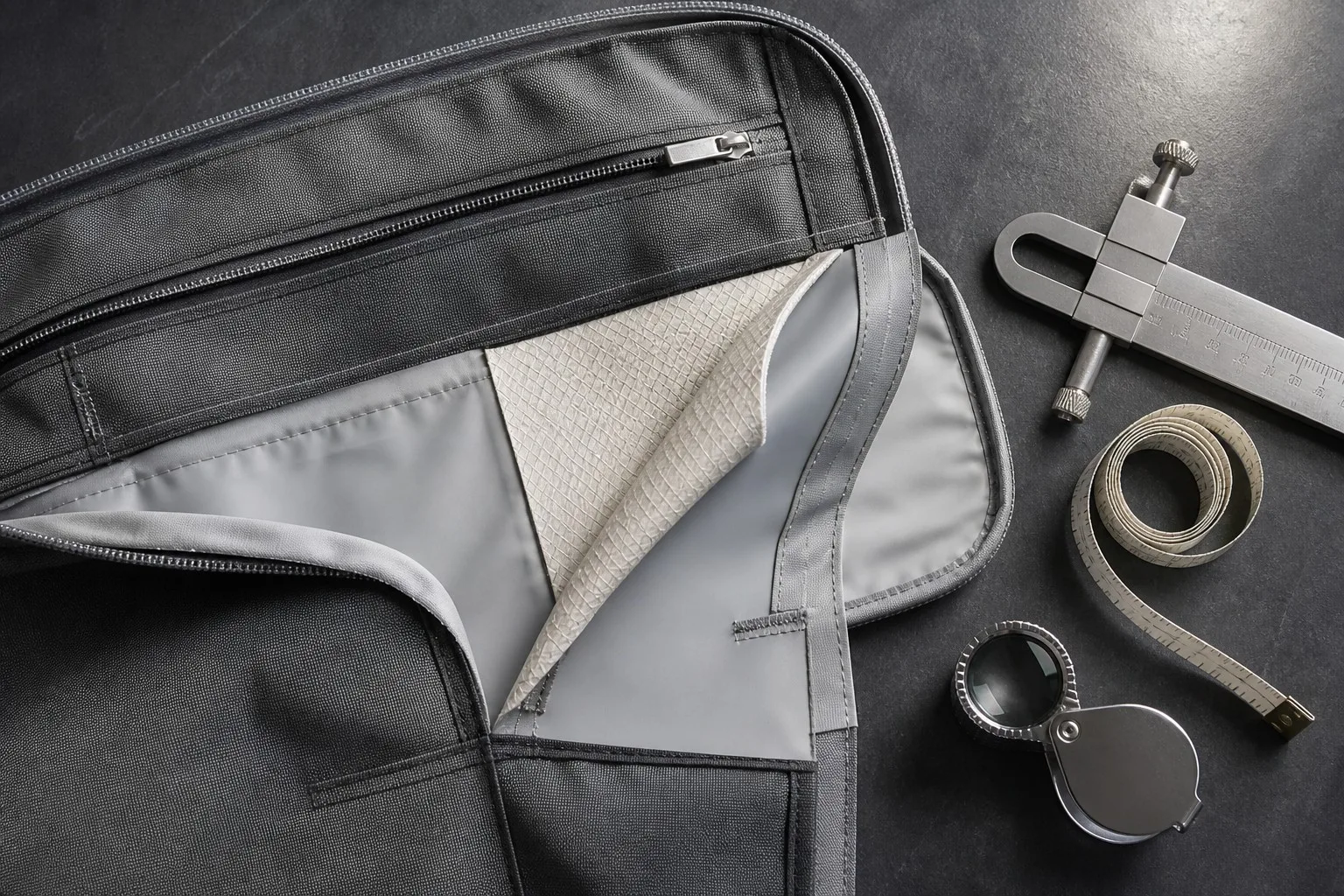 Storage bag construction teardown — stitching, zipper, reinforcement, PEVA lining