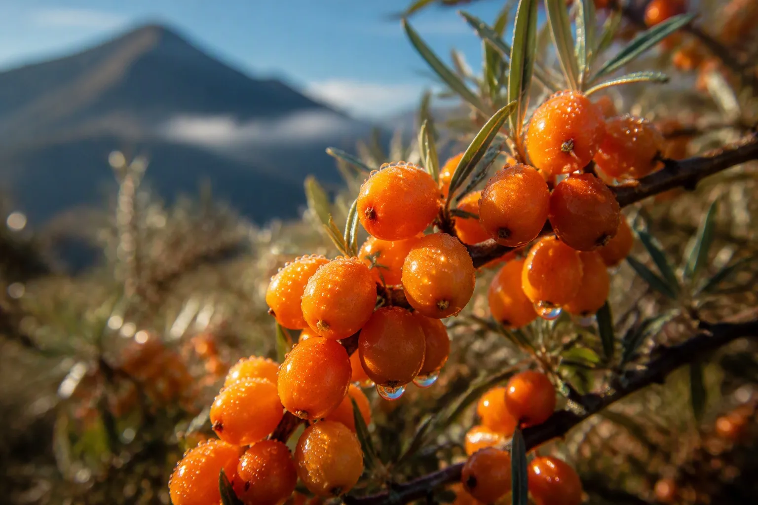 Traceable Raw Himalayan Sea Buckthorn Berries with Glistening Water Droplets