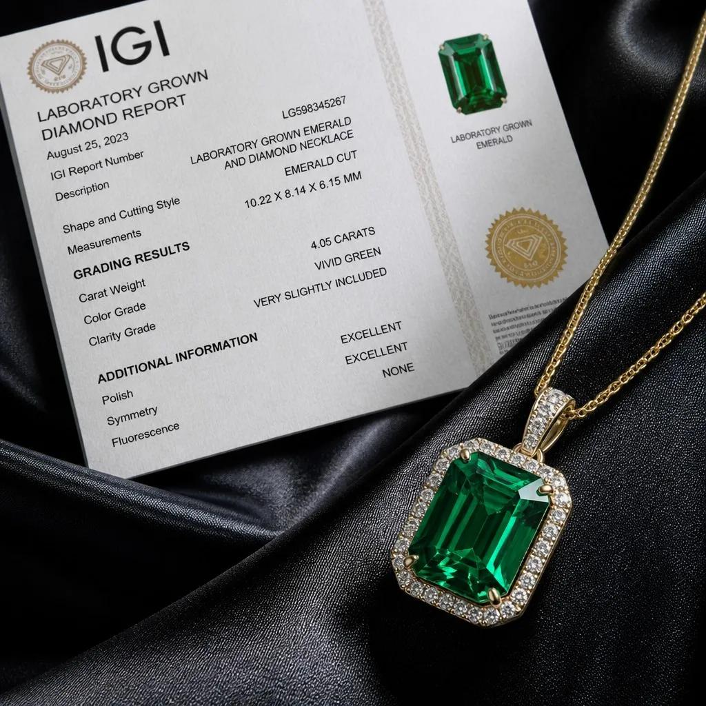 Macro shot of a vivid green lab-grown emerald with its grading certificate