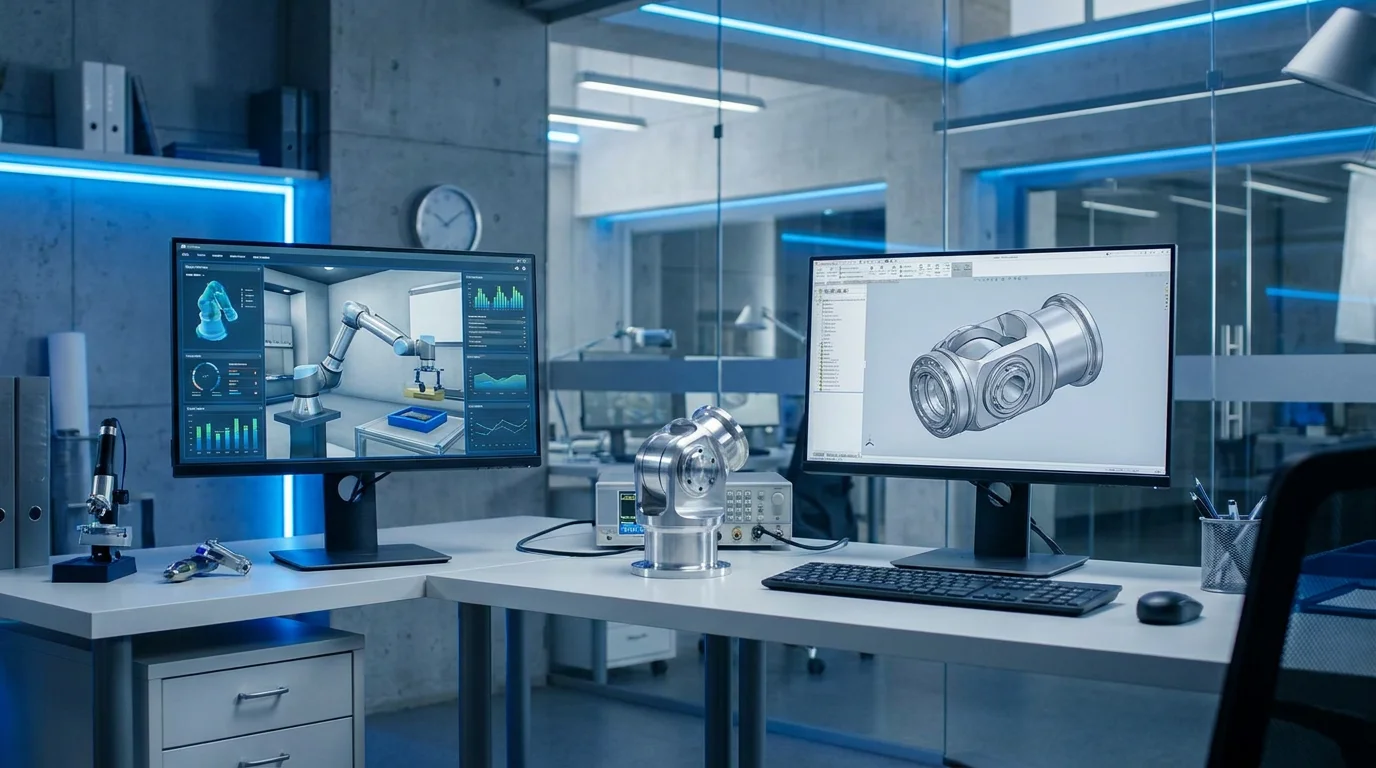 Dual monitor workstation showing digital twin simulation of robot arm alongside 3D CAD model of silver joint module