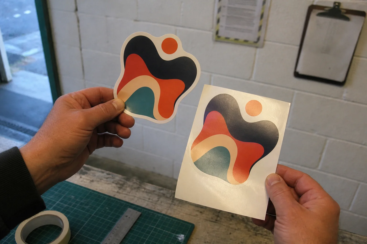 Side by side comparison of a die cut sticker and a kiss cut sticker on its backing