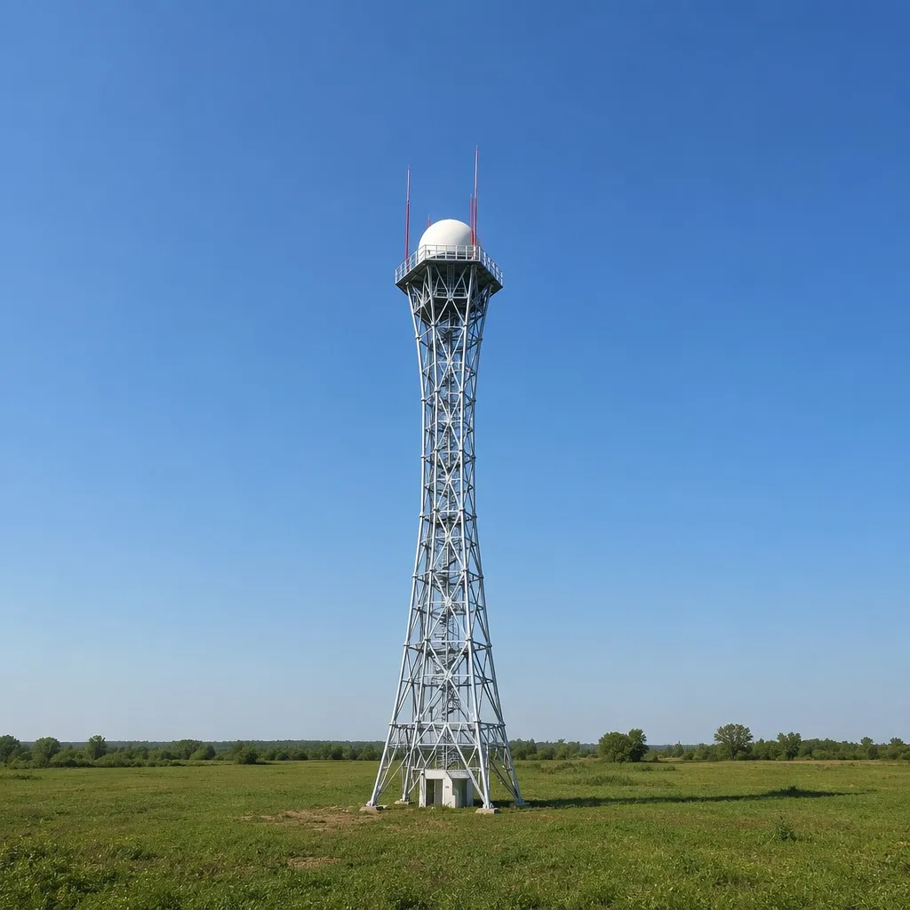 Lattice radar tower deployed in an open green field