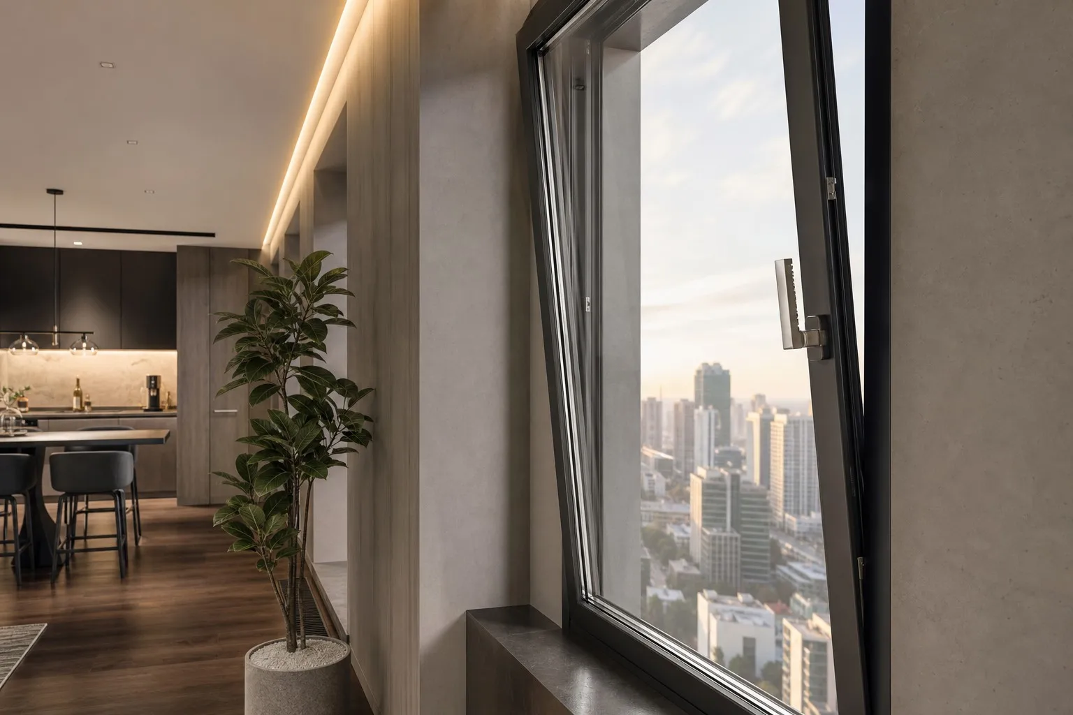 Modern apartment with black aluminum glass tilt and turn window in tilt position city skyline