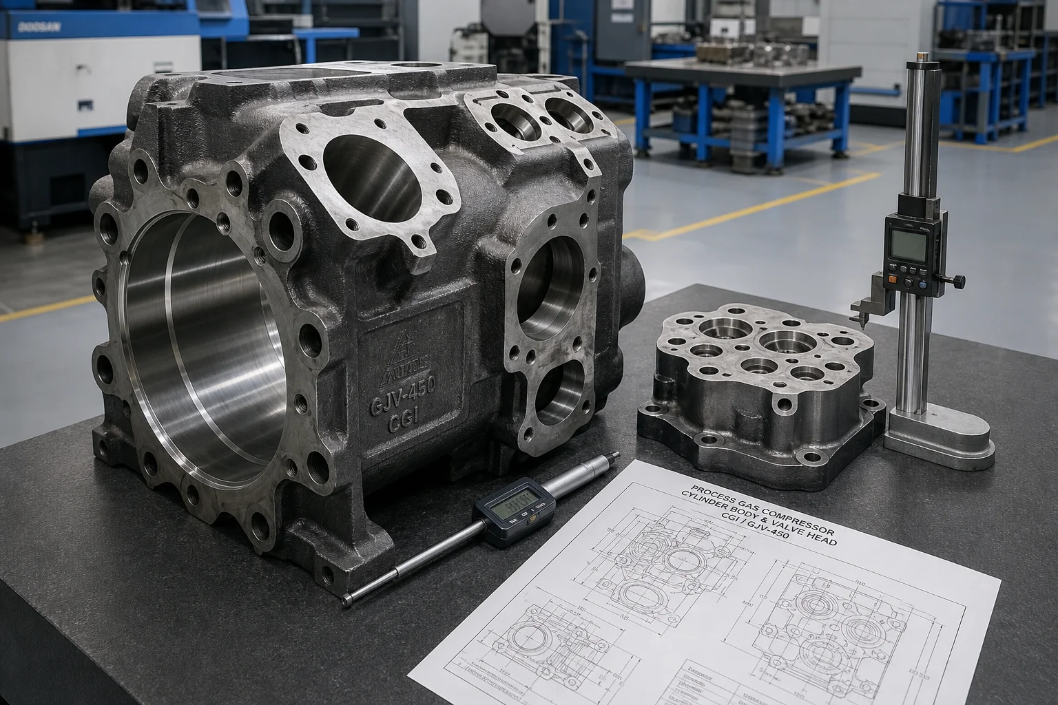 Precision-cast Compacted Graphite Iron CGI and cast steel process gas compressor cylinder body