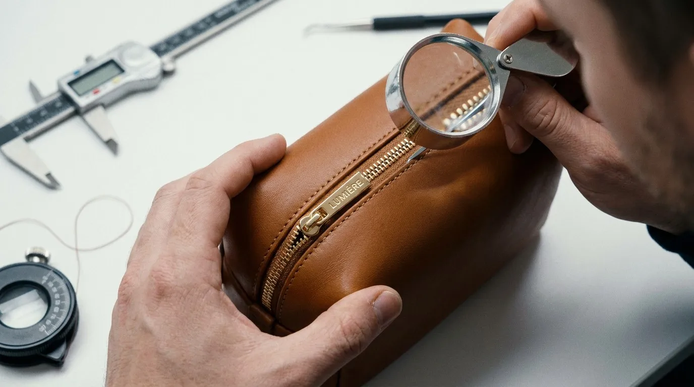 Macro shot of a quality control inspector checking custom branded zipper pulls and stitching on a premium makeup bag
