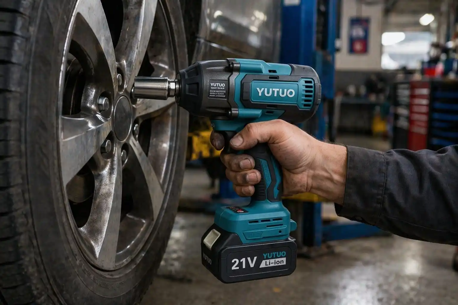 Impact Wrench Torque Guide: 340Nm to 3000Nm Comparison Cordless impact wrench torque comparison guide, mechanic using YUTUO 21V impact wrench on a car wheel