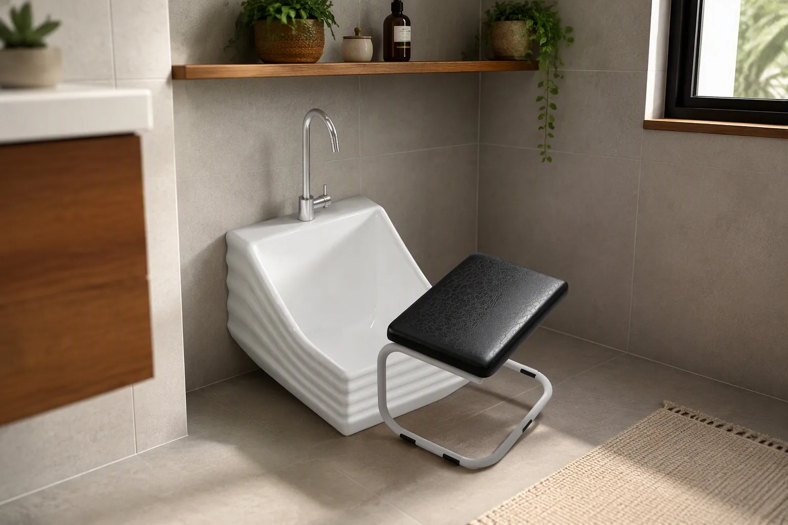 Low white ceramic wudu basin with padded stool in a renovated home bathroom corner