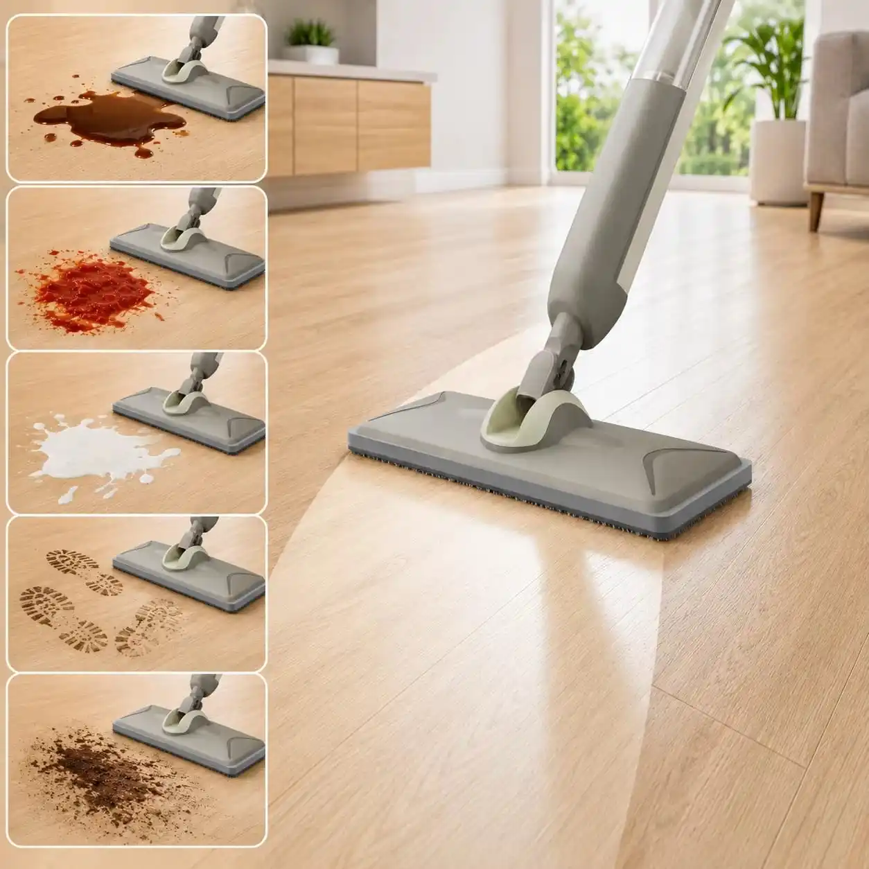 T8 electric floor washer removing soy sauce, chilli sauce, milk, footprints and coffee grounds from a wood floor