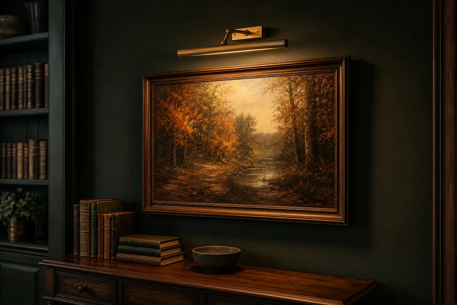 Antique brass wireless picture light casting warm illumination over vintage landscape art on a dark forest green moody wall