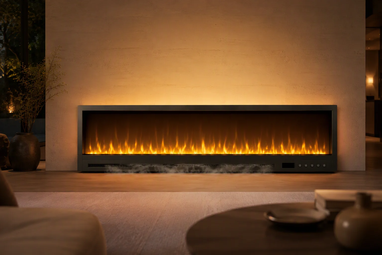Wide mist fireplace installed low in a spacious upscale evening living room