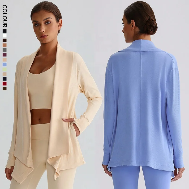 SHINBENE Ribbed Breathable Plus Size Long Sleeve Open Front Shrug Bolero Hip Length Drop Shoulder Yoga Pilate with Pocket