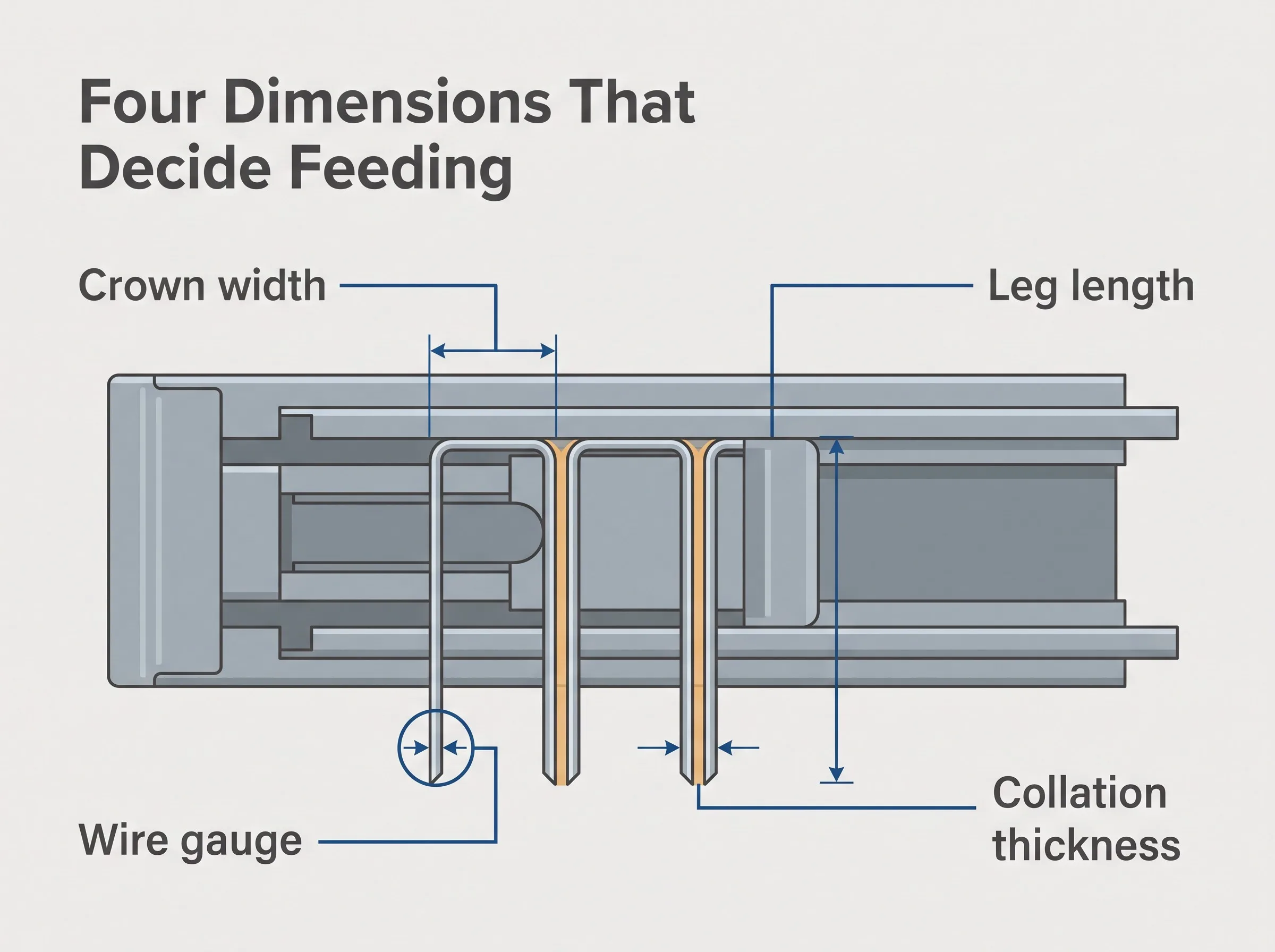 Cutaway of a staple gun magazine showing crown width, leg length, wire gauge and collation thickness