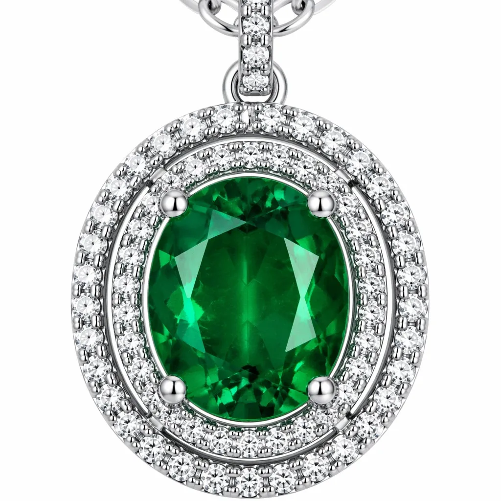 Oval Emerald Double Halo Luxury Link Chain Pendant Necklace 925 Sterling Silver Gold Plated Gemstone Jewelry Women Wedding Gift