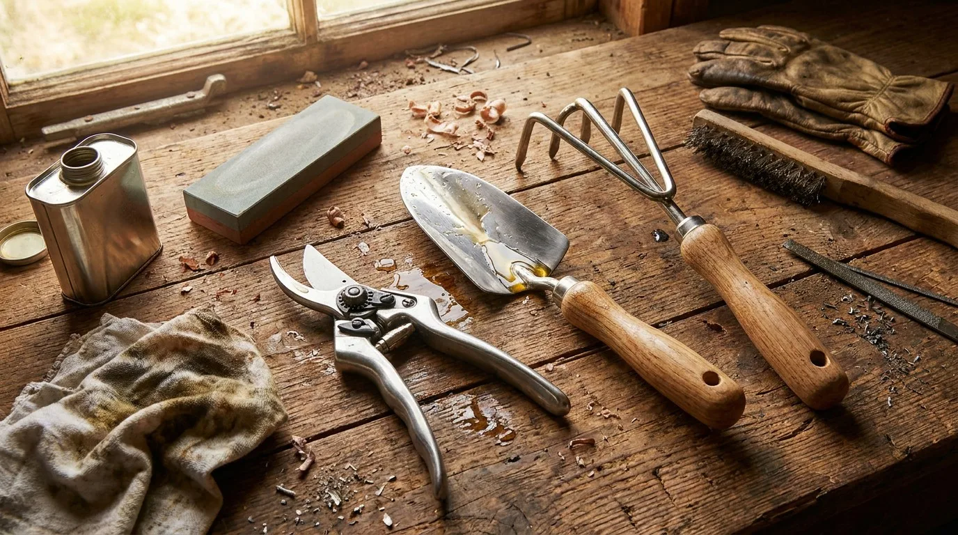 Garden tools being cleaned and sharpened on a wooden workbench