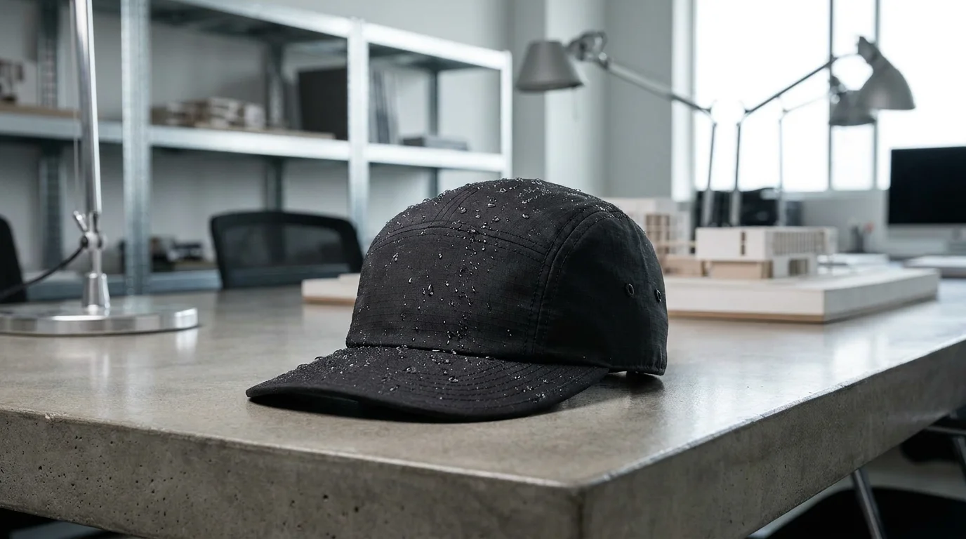 Black 40D Ripstop Nylon custom hat with water droplets showing DWR performance