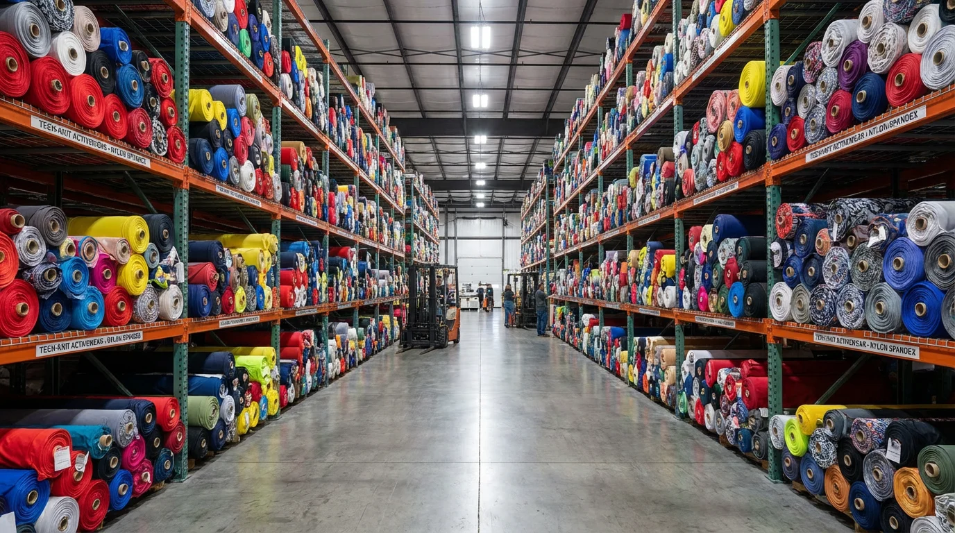 Fabric warehouse with rolls of performance activewear material