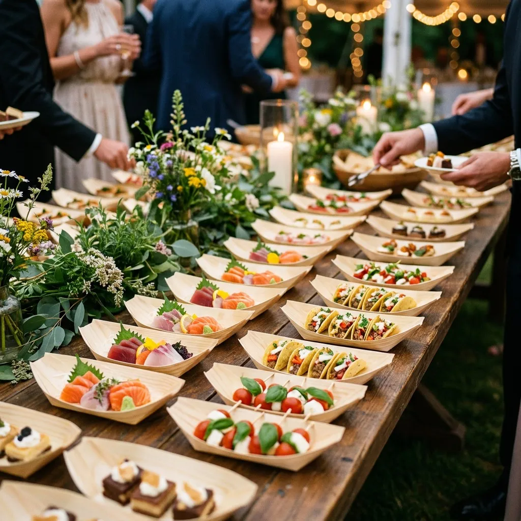 Catered event buffet with rows of bamboo leaf food boats holding sashimi caprese skewers and appetizers guests reaching