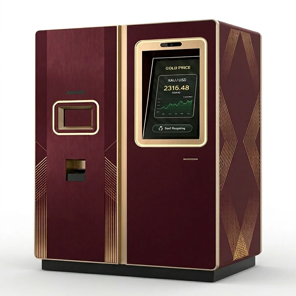 Operator-assisted gold acquisition kiosk on clean studio background