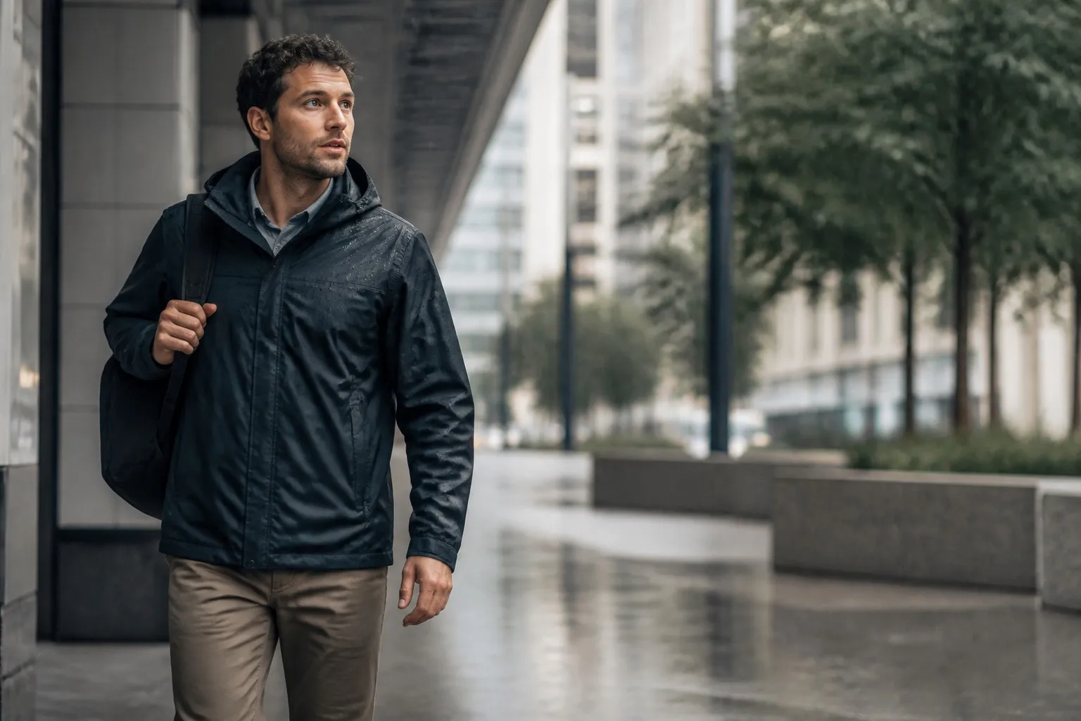 Fully clothed commuter wearing an unbranded lightweight rain jacket on a city street in light rain