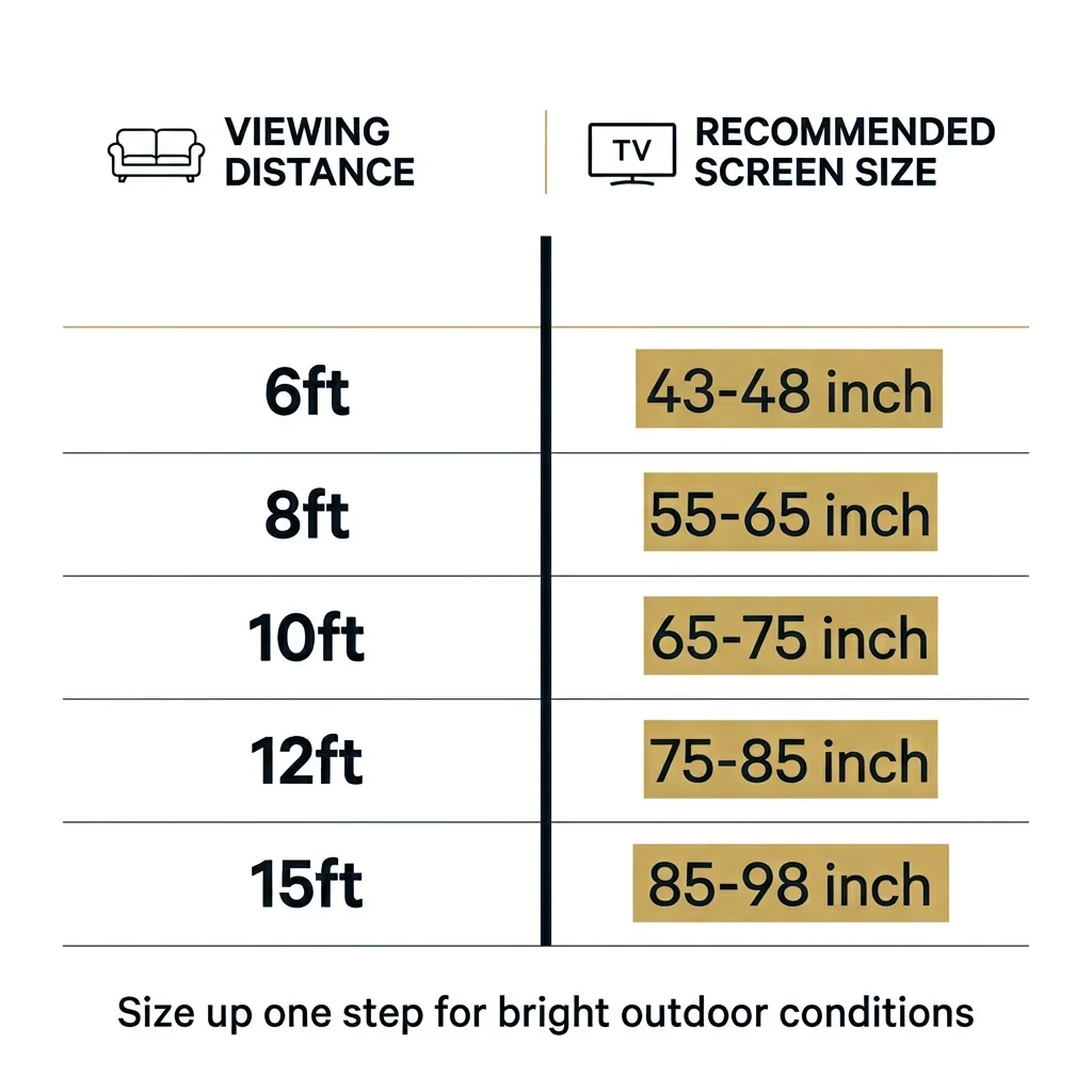 Outdoor TV viewing distance vs recommended screen size chart