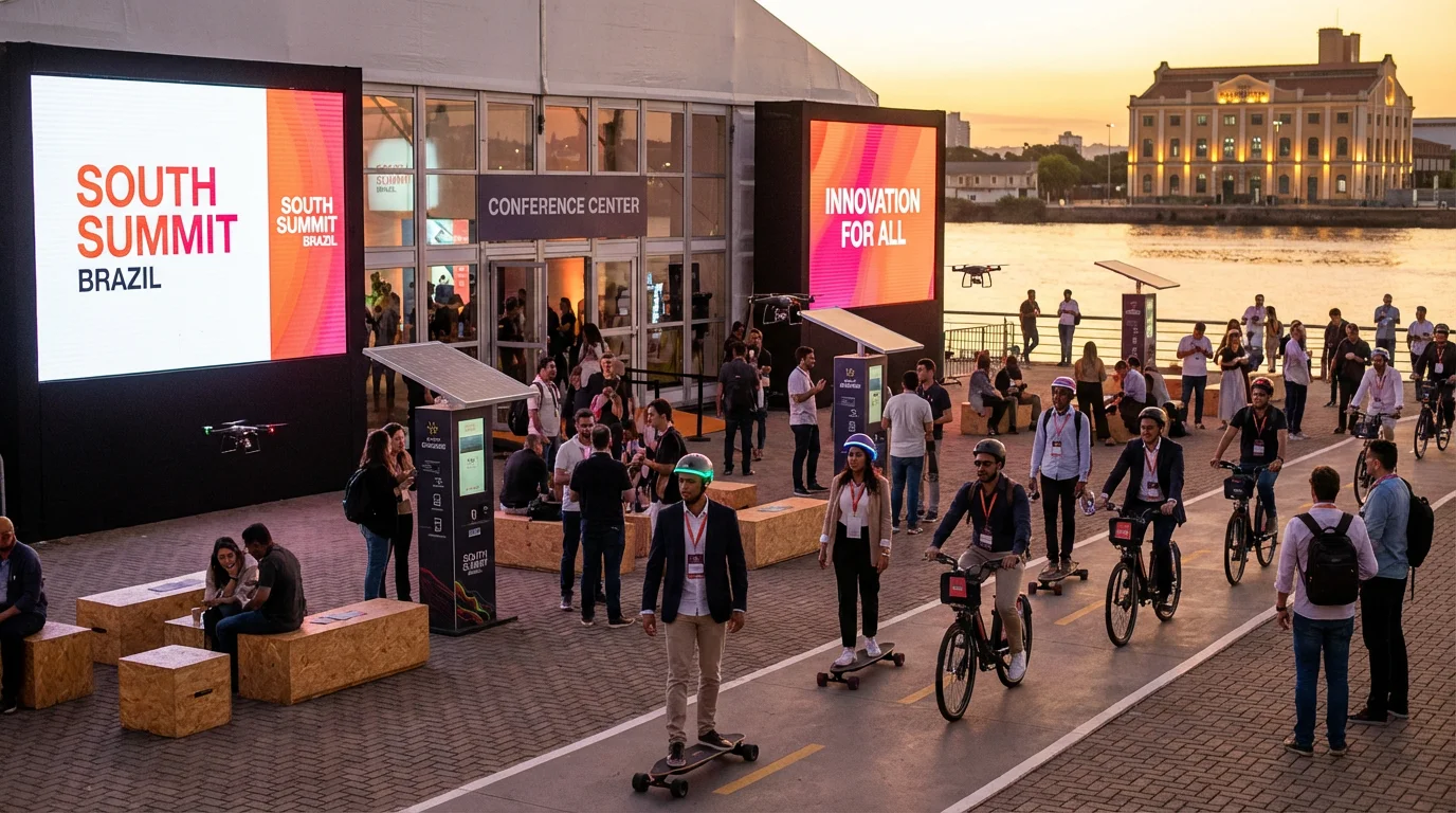 Jovens empreendedores em skates elétricos e e-bikes na frente do South Summit Brazil 2026 em Porto Alegre