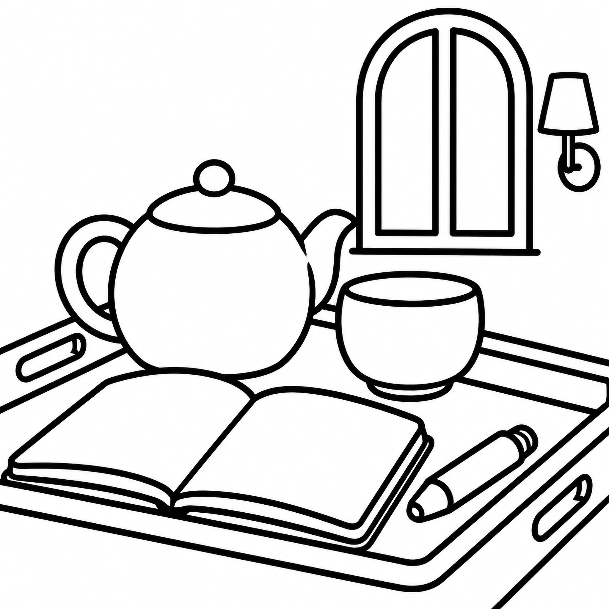 Bold and easy evening tea tray coloring page with a teapot, cup, open book, and arched window
