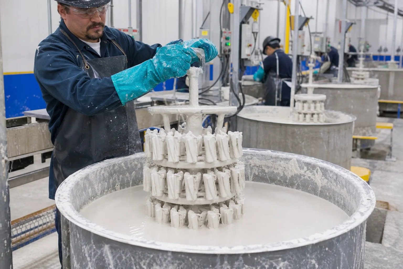 Worker dipping wax tree assembly into ceramic slurry tank during shell building