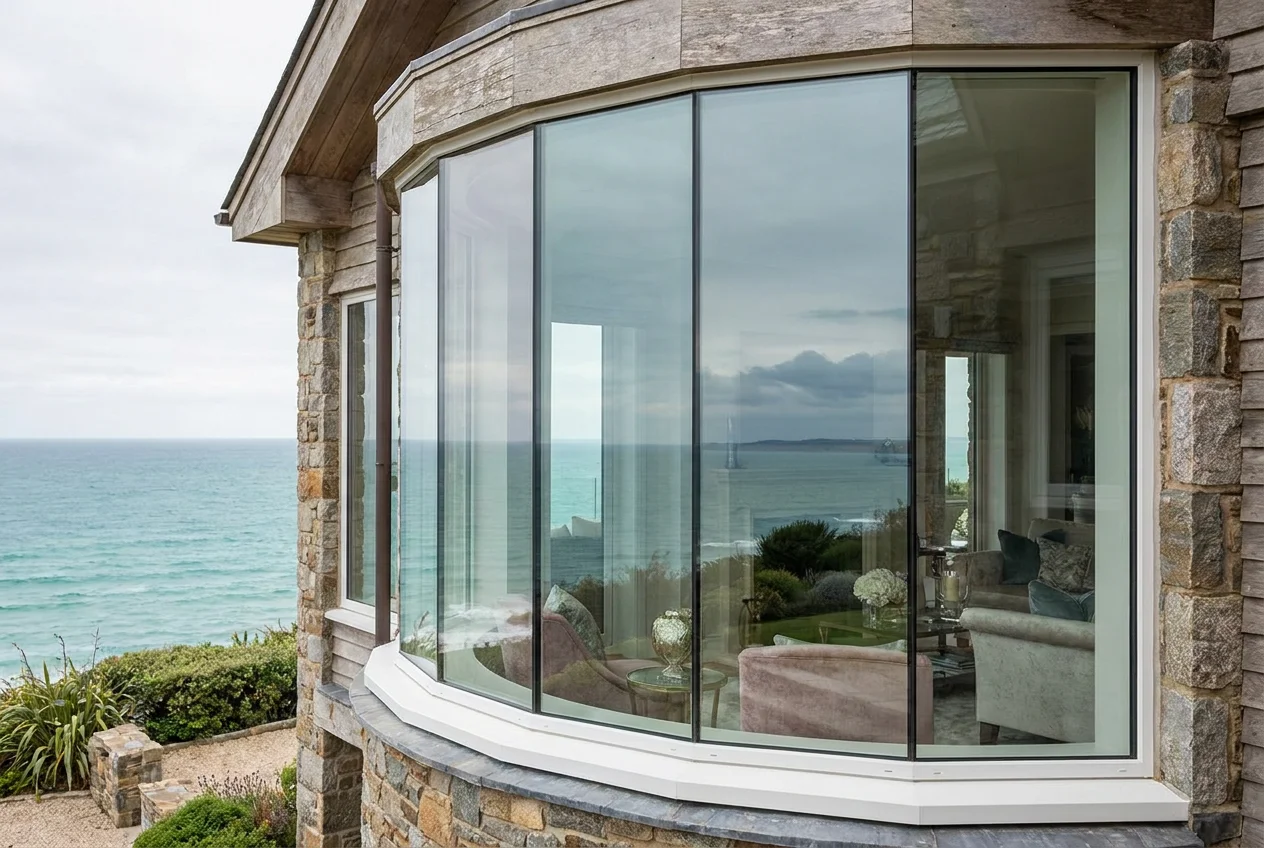 Custom curved aluminum bay and bow window systems manufactured in China by Richocean