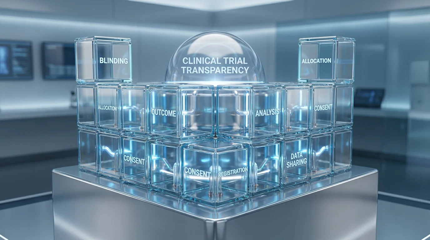 Conceptual 3D visualization of trial transparency and integrity