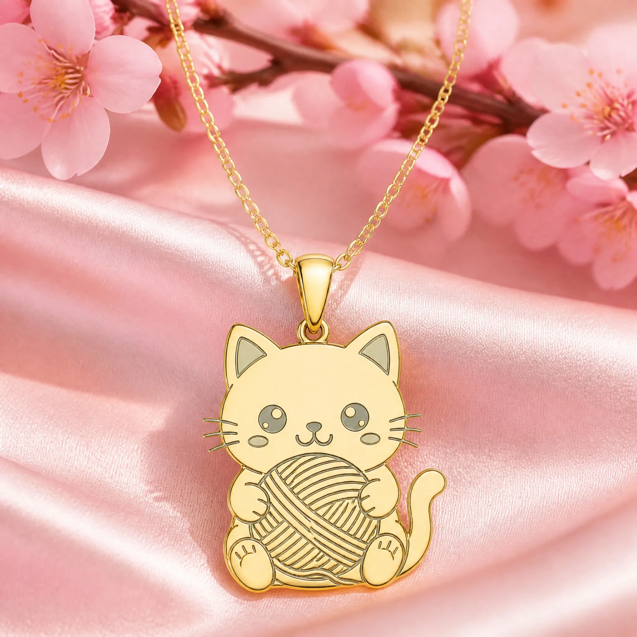 Cat pendant necklace styled on pink satin with cherry blossoms