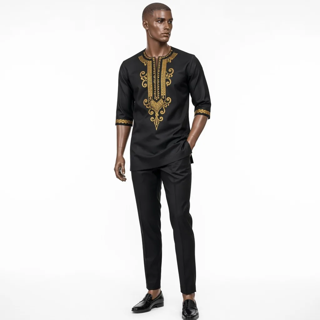 Men's 3-Quarter Sleeve African Embroidered Pant Set