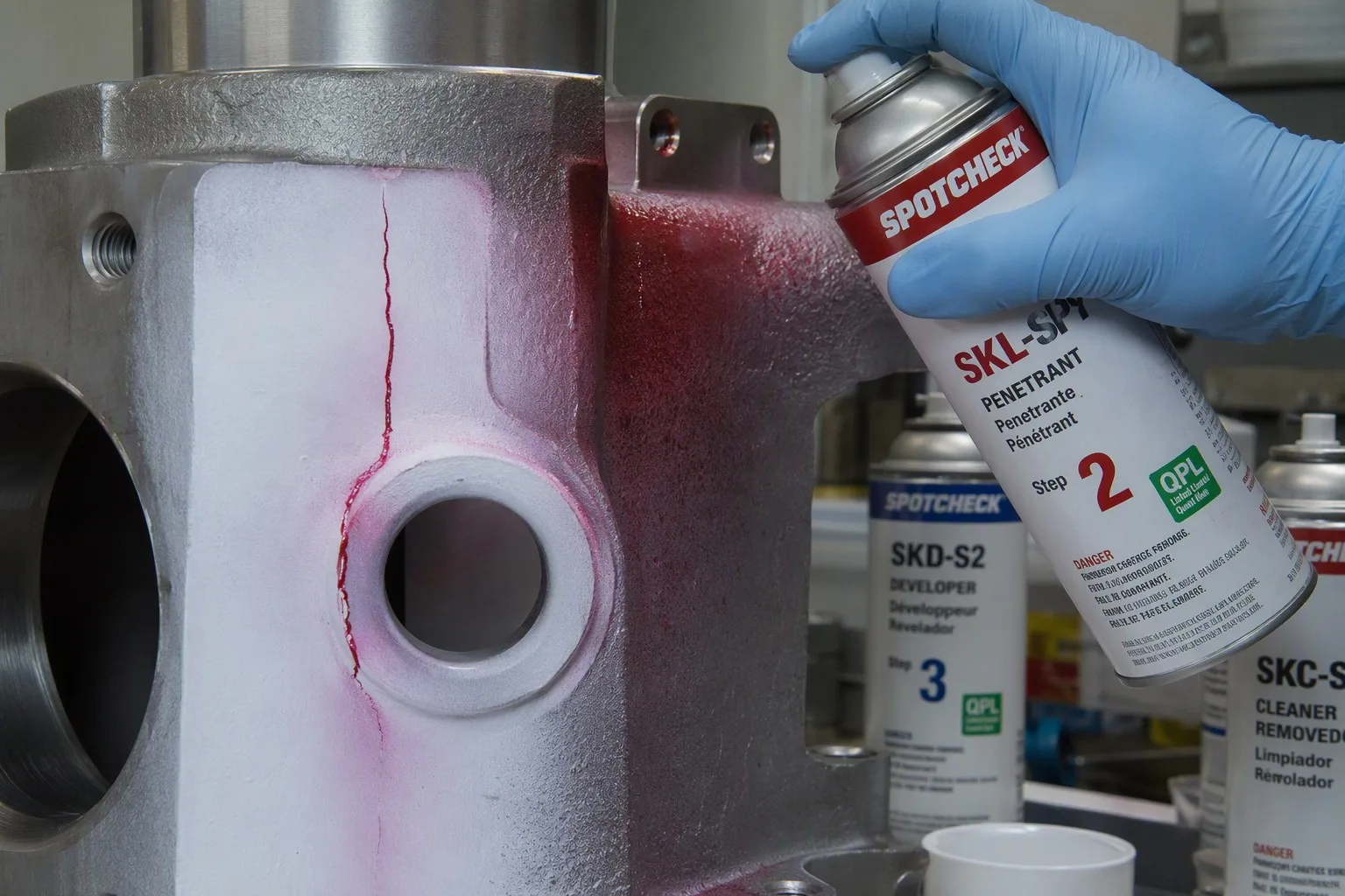 Dye penetrant testing (PT) — red crack indication revealed against white developer on machined casting