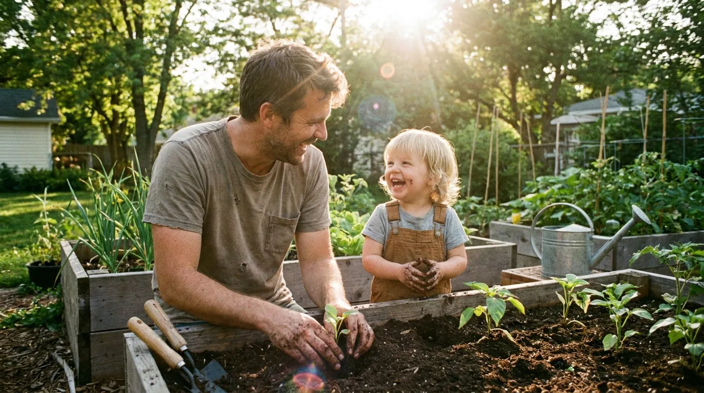 Father and child gardening together on a sunny day