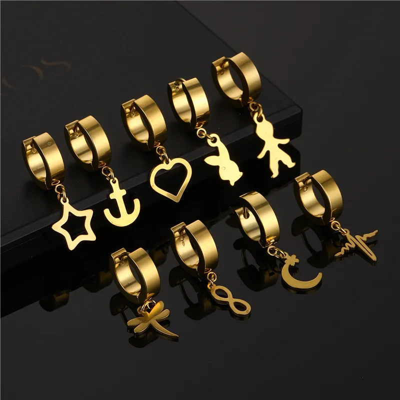 

Hot Sale Trendy Stainless Steel Plated Gold Women Geometry Moon Star Rabbit Shape Drop Huggie Earrings Gold Color Jewelry