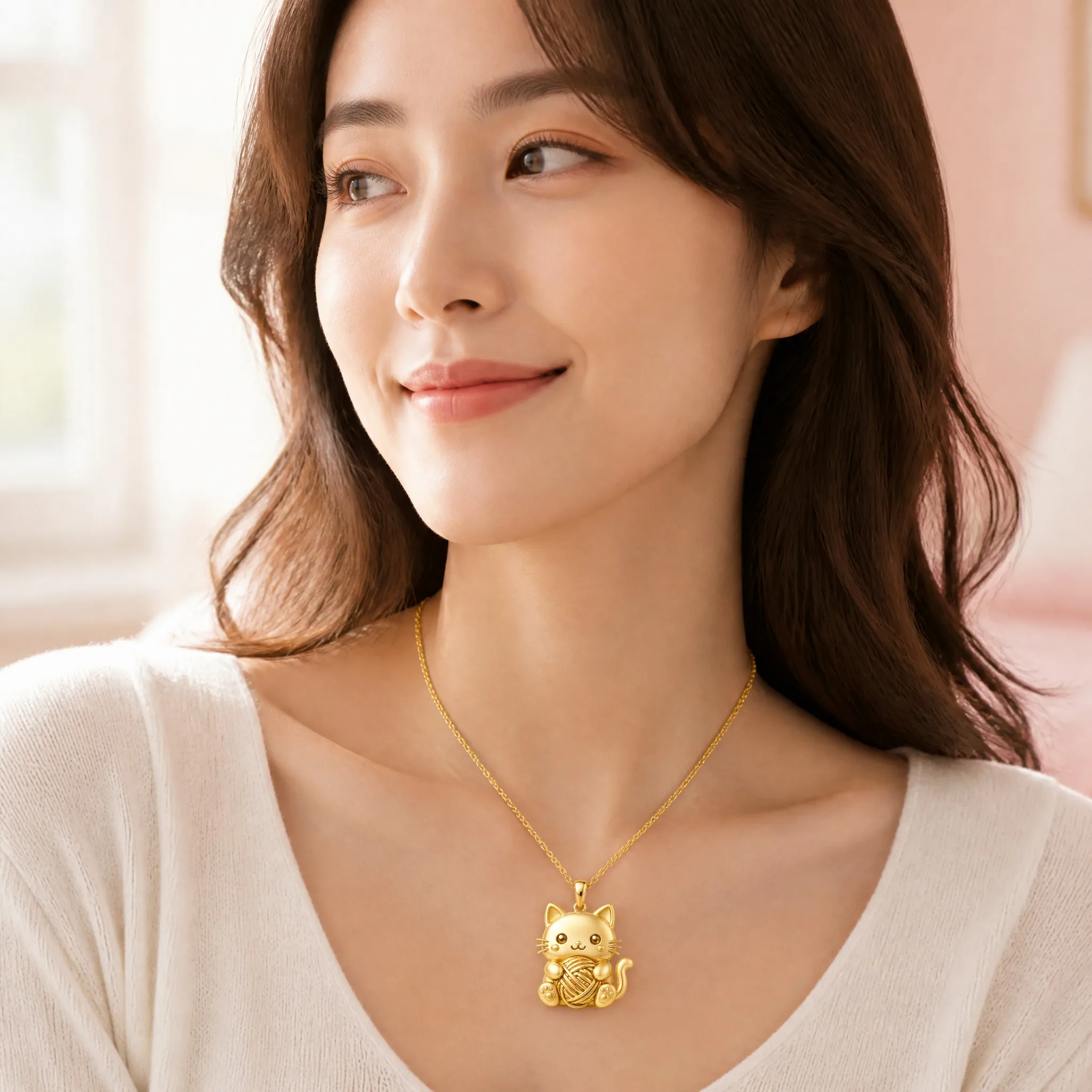 Young woman wearing kawaii cat pendant necklace, lifestyle photo