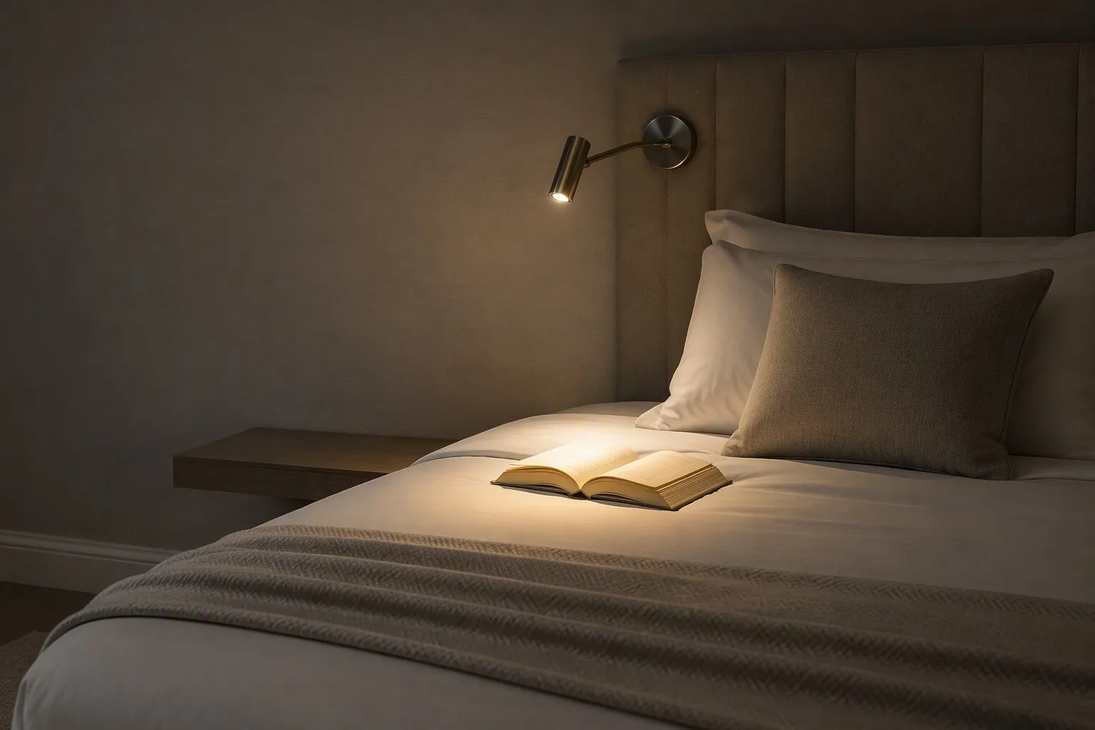 Wall-mounted hotel bedside reading light aimed down at an open book on the bed