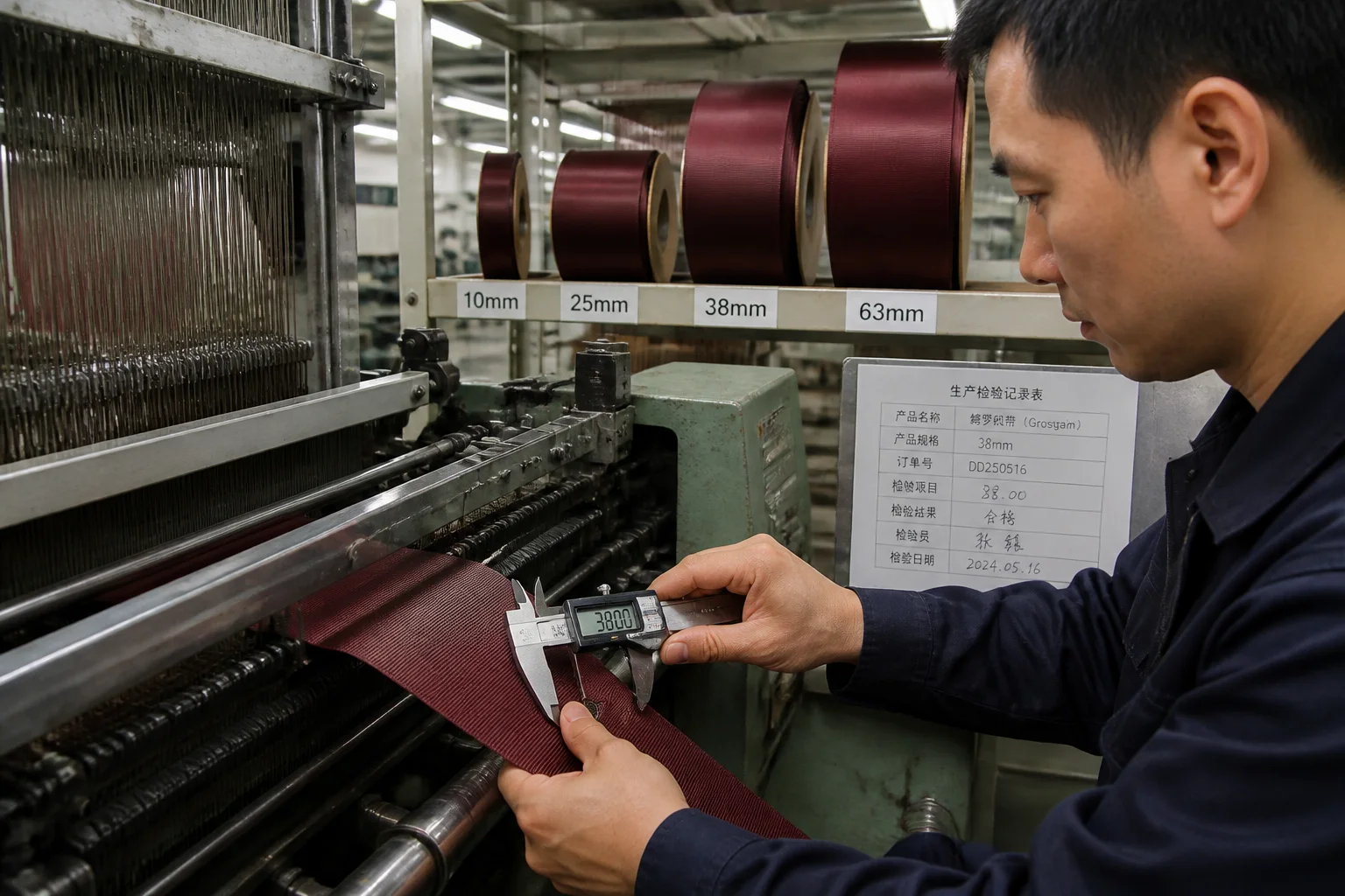 Factory quality control: measuring ribbon width with precision gauge during production