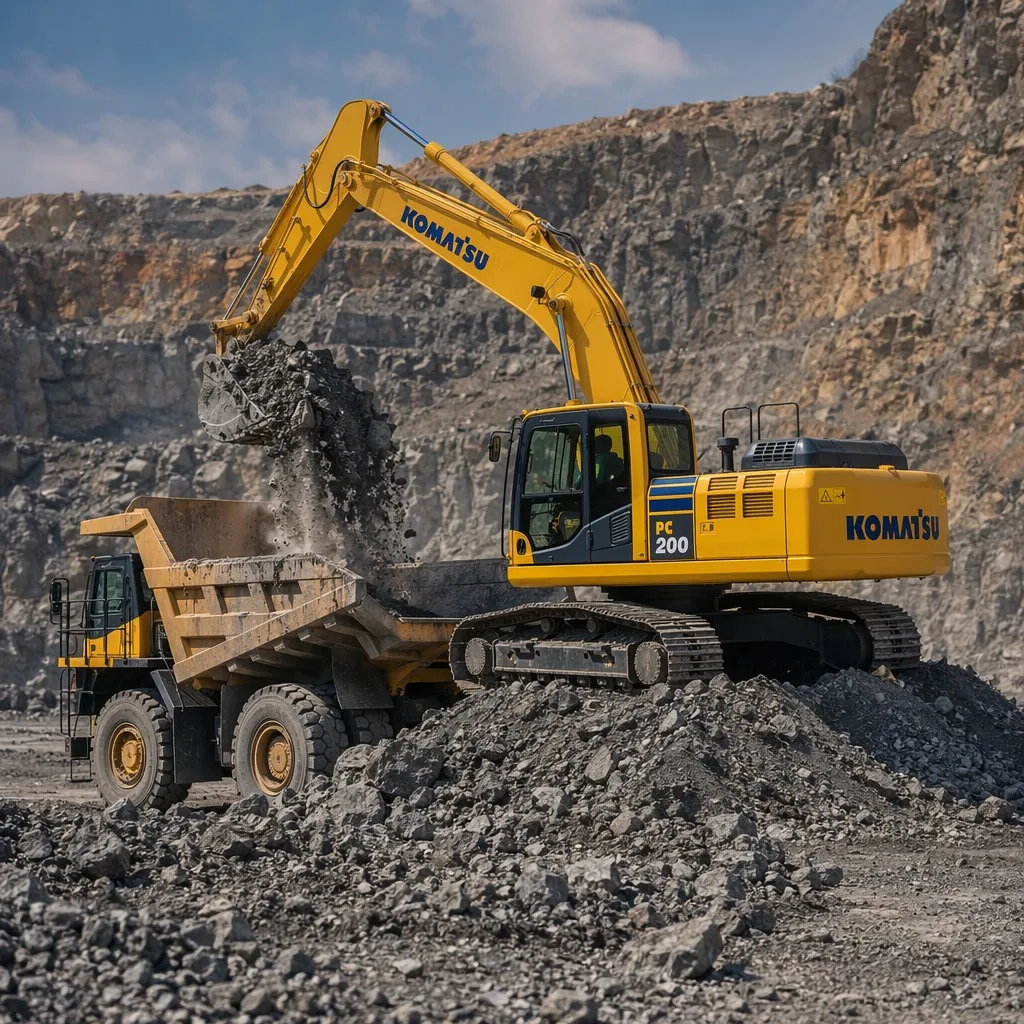 Used Komatsu PC200 excavator loading trucks in a quarry