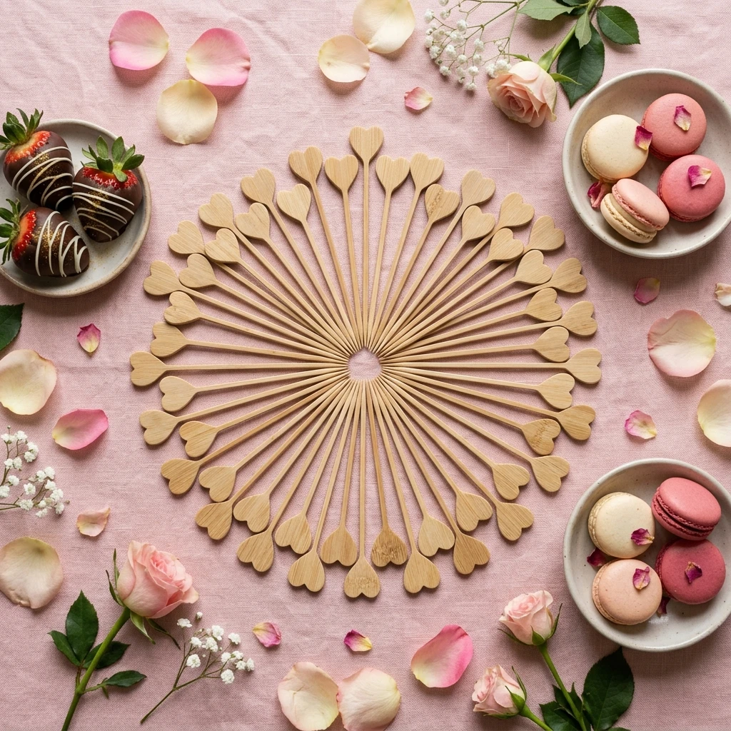 Heart shaped bamboo picks in radial star pattern on pink linen with rose petals chocolate strawberries and macarons