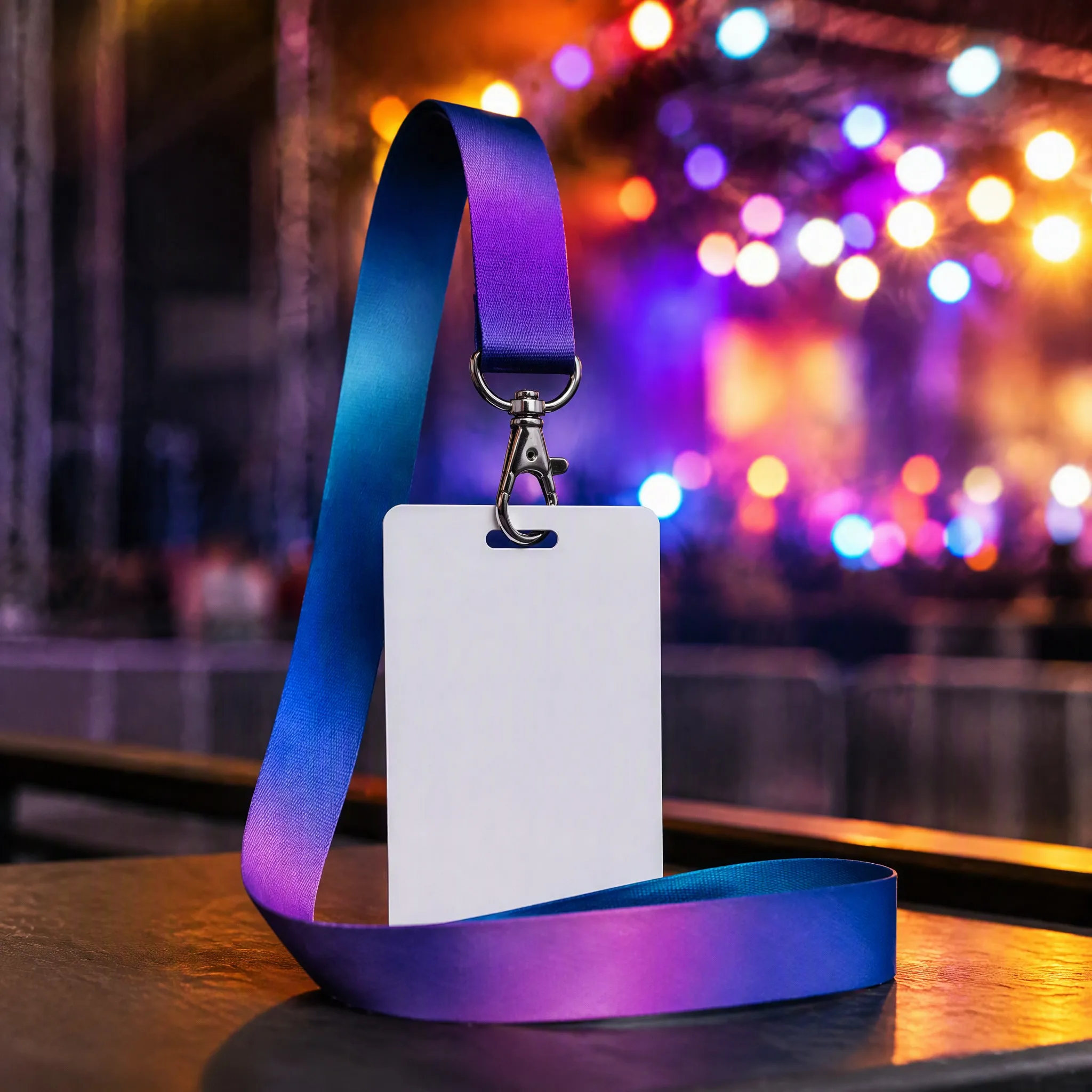 Gradient lanyard with badge at a music festival with colorful stage lights